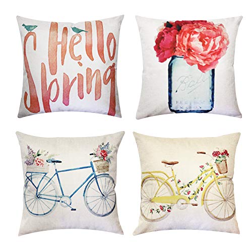 JOJUSIS Spring Theme Flower Bicycle Throw Pillow Covers Home Decor Decorative Cushion Cases 18 x 18 inch Set of 4