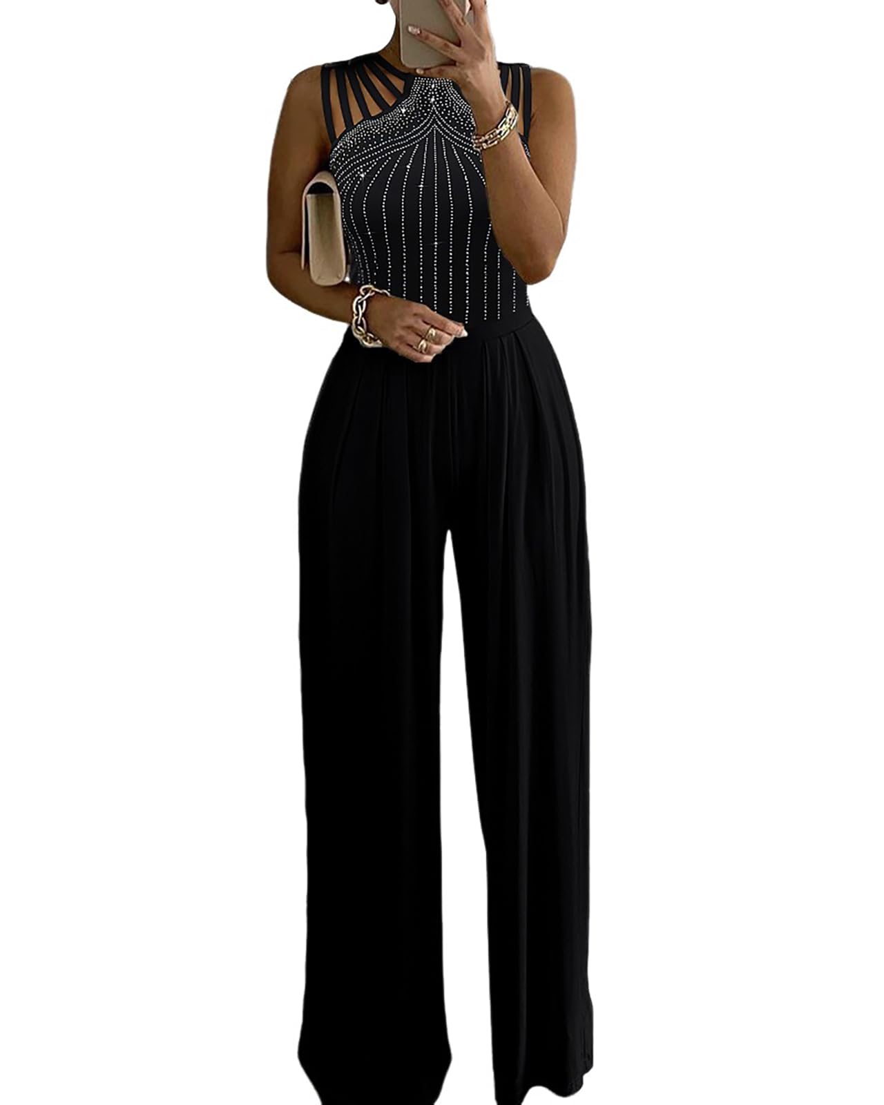 CHICME Women's One Piece Jumpsuit Rhinestone Cutout Ruched Wide Leg Jumpsuit Overall Long Pants