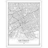 SONG Leinwand Bild, Usa Detroit Stadtplan Schwarz Weiß Einfache Minimalistische Kunst Wandplakat Rahmen Weniger Bild, Moderne Vertikale Malerei Cafe Office Home Decor,20 * 30cm