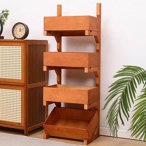 Cestas para verduras de 3 y 4 niveles para cocina, estantes de madera para suelo, cesta de frutas extraíble, organizador de almacenamiento multiusos para cocina, baño y sala de estar(Brown,4-floor)