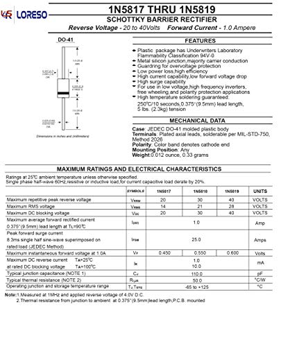 Loreso 1N5819 Diode, Pack Of 100 - Schottky Barrier Rectifier Diodes Axial 5819 1N5819 40V 1.0A Do-41 1.0 Amp 40 Volt #TOP2