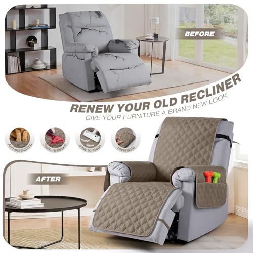 Image of TAOCOCO 100% Waterproof Recliner Covers, Recliner Sofa Covers with Leg Straps, Reversible Recliner Couch Cover for Reclining Chair, Washable Couch Protector for Pets Kids(1 Seater 22 inch, Taupe)