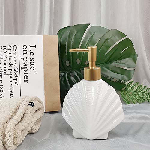 Shell-Shaped Soap Dispenser White Ceramic Lotion Bottle with Golden Matte Pump Home Décor for Bathroom Kitchen - Image 2