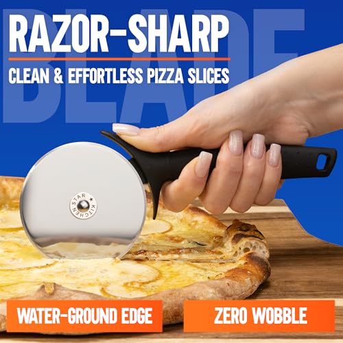 Image of KitchenStar Pizza Cutter Wheel - 304 Stainless Steel Slicer Knife with Super Sharp Blade, Anti-Wobble Axle Mechanism, Ergonomic Non-Slip Handle & Protective Cover, Dishwasher Safe