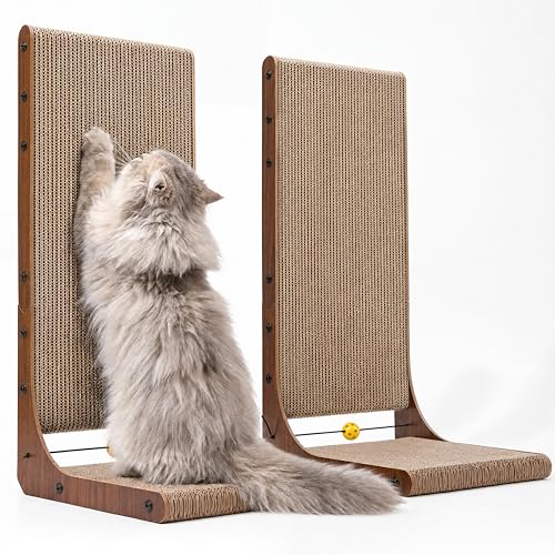 FUKUMARU-Cat-Scratcher-2-Packs-25-Inch-Cat-Scratching-Boards-for-Indoor-Cats-L-Shaped-Cardboard-Cats-Scratcher-Vertical-Scartch-Pads-with-Ball-Toy-Walnut-Color FUKUMARU Cat Scratcher 2 Packs, 25 Inch Cat Scratching Boards for Indoor Cats, L Shaped Cardboard Cats Scratcher Vertical Scartch Pads with Ball Toy, Walnut Color - Image 1