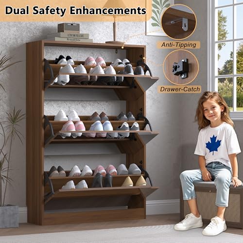 Image of BORNOON Shoe Cabinet with 3-Flip Mirror Drawers, Freestanding Shoe Rack Organizer with Hidden Handle, Slim Narrow Shoe Storage Cabinet for Entryway, Entrance, Hallway, Bedroom