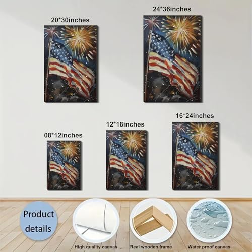Image of Framed 4th of July Fireworks American Flag Wall Art, Patriotic Impasto Canvas Art Pictures, USA Flag Wall Decor for Living Room Man Cave Bar, Ready to Hang Made in USA