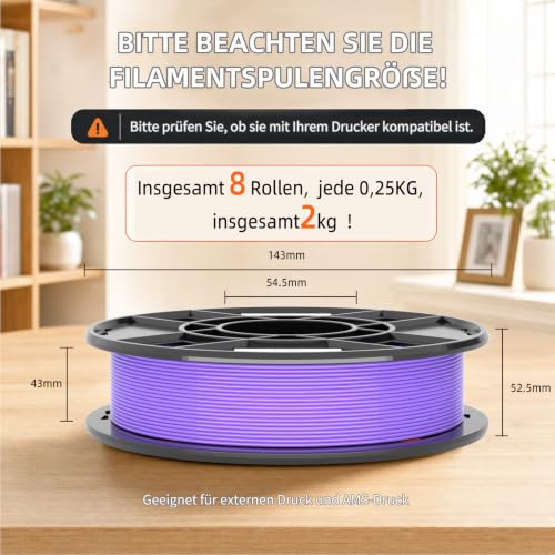 Image of 3DHoJor Basic PLA 3D Printer Filament Bundle, Multicolor Filament 1.75mm, Vacuum Packed, 0.25kg*8 Pack, 2kg Total, White+Fire Engine Red+Orange+Yellow+Green+Blue+Olive Green+Purple