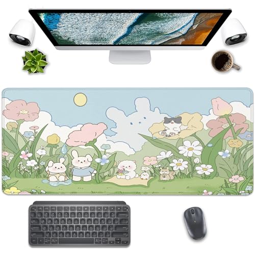 Image of Cute Cartoon Bear Rabbit Cat and Flowers Extended Desk Pad Mouse Pad,Stitched Edges Non-Slip Rubber Base XL Mouse Mat Desk Mat for Office Home Work Floral Mousepad(27.5X11.8 Inch)