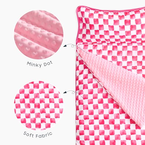 Image of Wake In Cloud - Toddler Nap Mat with Pillow and Minky Fleece Blanket, for Kids Boys Girls Ages 3 Plus in Daycare Preschool, Roll Up Sleeping Bag, Gingham Grid Checkered, Hot Pink White, Standard