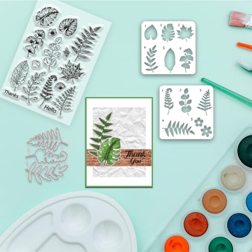 INFUNLY Leaves Stamp and Dies Ginkgo Painting Stencils A4 Size Tropical Plants Clear Stamps and Cutting Die Palm Leaves Hollow Painting Stencil Set for DIY Card Making Scrapbooking Craft Home Decor - Image 3