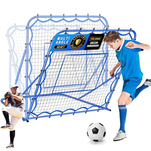 4x4FT Soccer Baseball Rebounder Net, Quick-Switch Angle Softball Pitch Back Net Volleyball Soccer Training for Control, Passing Practice, Bounce Back Rebounder Gifts & Equipment for Kids,Teens & Adult