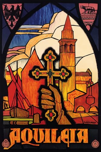 Aquileia Ancient Roman City Hub of the Christian World Hand Holding Ornate Cross in front of the Basilica Religious Italy Tourism Travel Vintage Poster Repro 20" X 30" Image Size Repro on Matte Paper