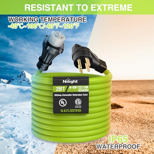 Image of Nilight 25FT 50 Amp Generator Extension Cord 250V Heavy Duty 6 /3+8 /1 Gauge Pure Copper STW Wire ETL Listed 4 Prong 14-50P SS2-50R&CS6364 Suit for RV Camper Outdoor Use Bright Green
