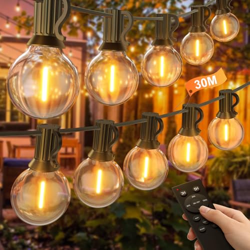 Catena Luminosa Esterno 30 Metri, Dimmerabile Catena di Luci per Esterno con Telecomando, LED Lucette da Esterno con 50+2 G40 Lampadine per Giardino, Gazebo, Terrazze, Campeggio, Balcone, Giardini