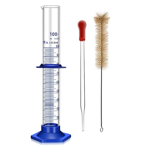 Thick Glass Graduated Cylinder Measuring Liquid Lab Cylinders with Anti-Falling Plastic Base and Bumper Guards and Cylinder Brush (Glass, 100ML) de Glassware home