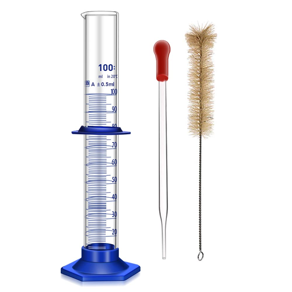 Thick Glass Graduated Cylinder Measuring Liquid Lab Cylinders with Anti-Falling Plastic Base and Bumper Guards and Cylinder Brush (Glass, 100ML)