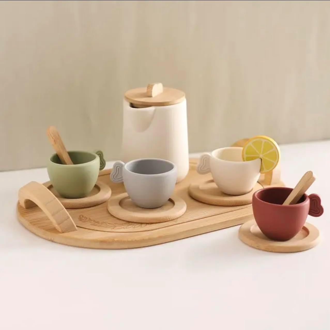 Wooden Tea Set with 4 Cups, Serving Tray, and Storage Container, Multicolor