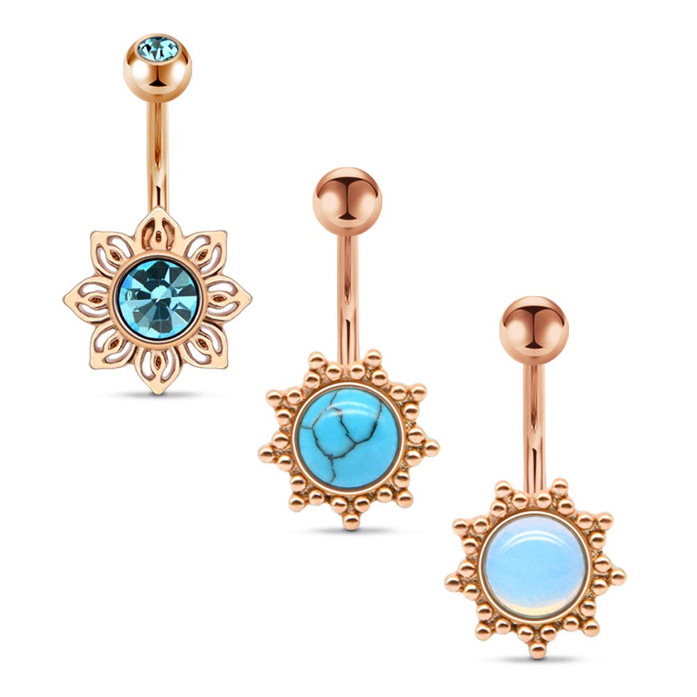 FunseedrrBelly Button Piercing 10 mm Rose Gold Surgical Steel with Crystal Belly Button Piercing Set of 3