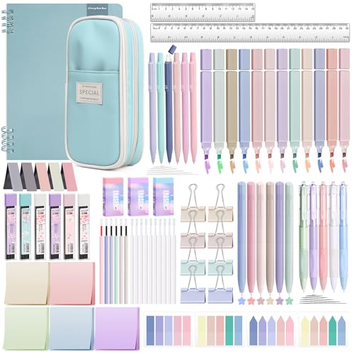 YIBONIKA 80 PCS Aesthetic Stationery Supplies with Blue Pencil Case & Notebook, 12 Pastel Highlighters, 6 Colour Pens, 5 Black Pens, 6 Mechanical Pencils, Stationery Set for School Office