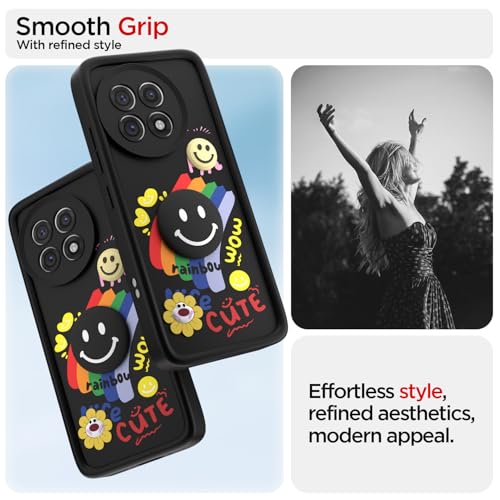 Image of Pikkme Back Cover for OnePlus 13R 5G | Soft Silicone| Cute Rainbow Smile & 3D Cartoon Flower Design | Shockproof Raised Camera Protection Bumper Case (Black)