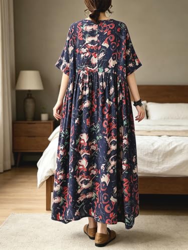 Image of Women Plus Size Casual Dresses Floral Printed O Neck Short Sleeves Summer Oversized Dresses Boho Loose Fitting Wear