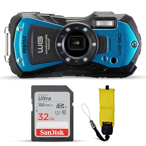 Pentax WG-90 Waterproof Digital Camera (Blue) | 2.7" LCD Monitor Display Camera with 32GB Ultra UHS-I SDHC Memory Card and Waith Quick Release Camera Floating Strap (Yellow) - Essential Bundle Kit
