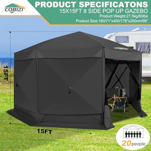 Image of COBIZI 15x15 FT Pop Up Gazebo, Canopy Tent, Large Gazebos On Clearance with Sidewalls, Screened in Gazebo,carpas para Patio,Portable Screen Tents for 12-15 Persons Outdoor Camping, Backyard, Black