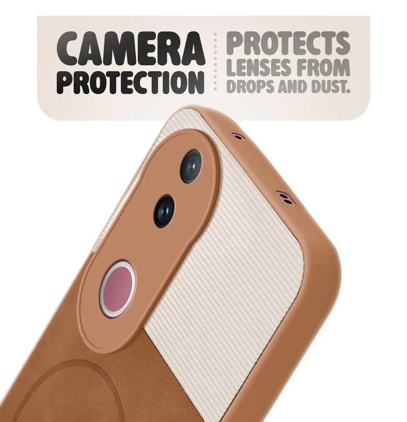 Image of Bintage CASE Mac Safe Design Hard Light Weight Back Case | Soft Border Camera Protect | Dual PU Leather Finish Back Cover Compatible for Vivo V50 5G /Vivo T4R 5G - White & Brown
