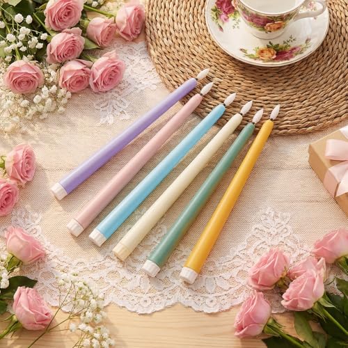 Image of Handepo 48 Pack Flameless Taper Candles Realistic with Flickering Candlelights Plastic 11 Inch Last Long Battery Operated Window Candlestick for Halloween Christmas(Light Colors)