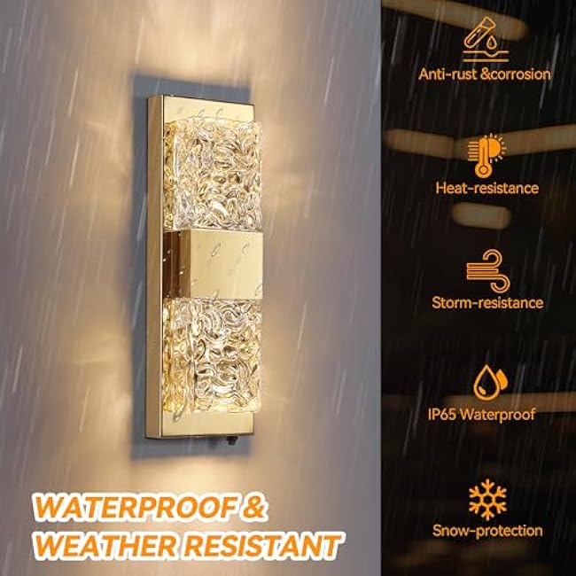 Dusk to Dawn Outdoor Lighting Fixture Wall Mounted - 14.2'' Waterproof Wall Sconce with 12W LED Bulbs Crystal Modern Outside Wall Lamp for Hallway Doorway Porch Patio Backyard, Gold, 2PCS