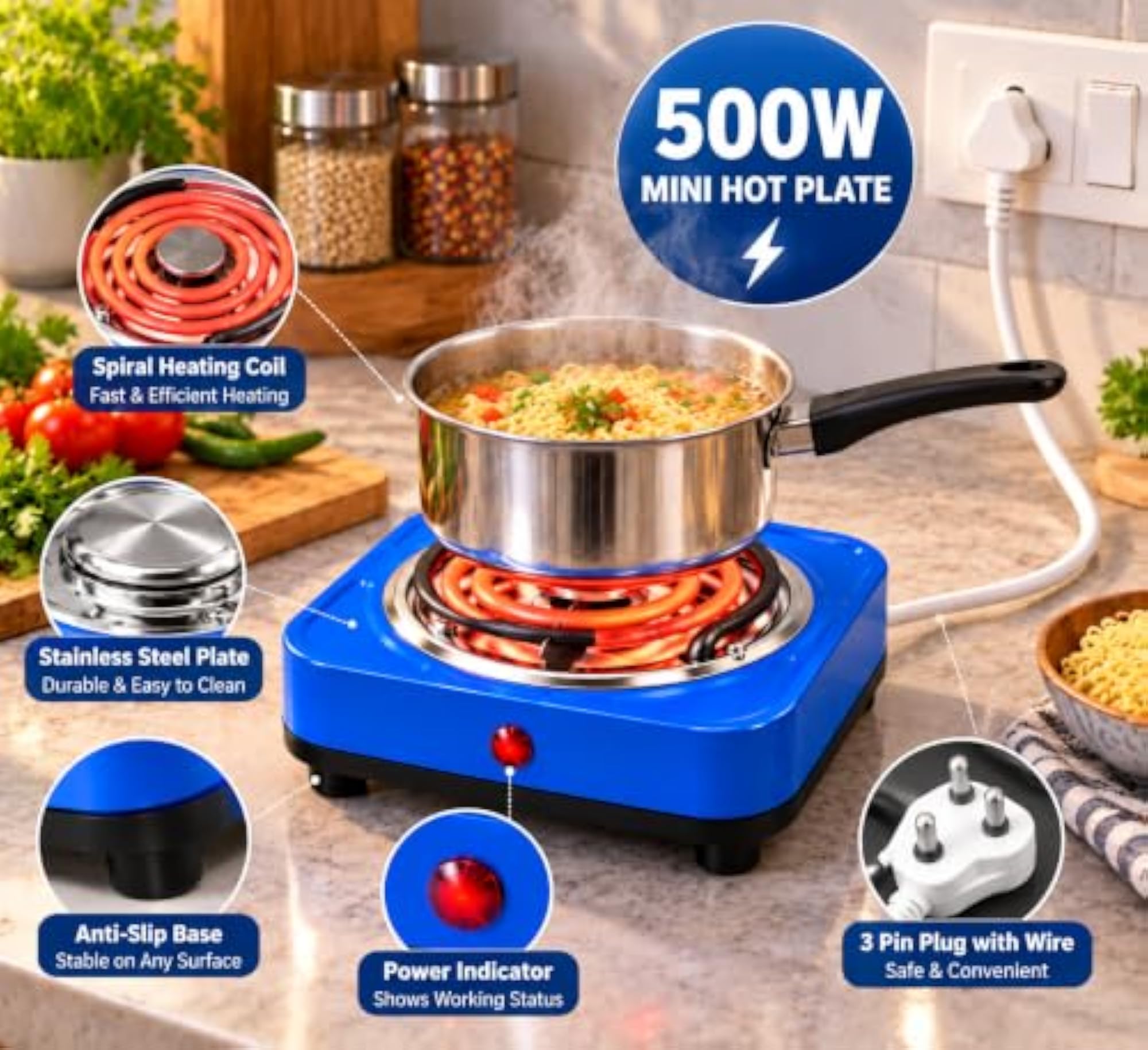 Compact Electric Hot Plate 500W Single Burner, Blue