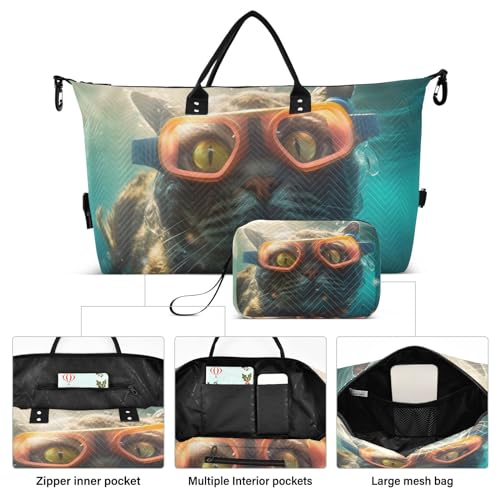 Large Travel Duffel Bag, Cat Diving Sports Tote Gym Bag, Shoulder Weekender Overnight Bag for Women Men, Carry On Luggage with Toiletry Bags2