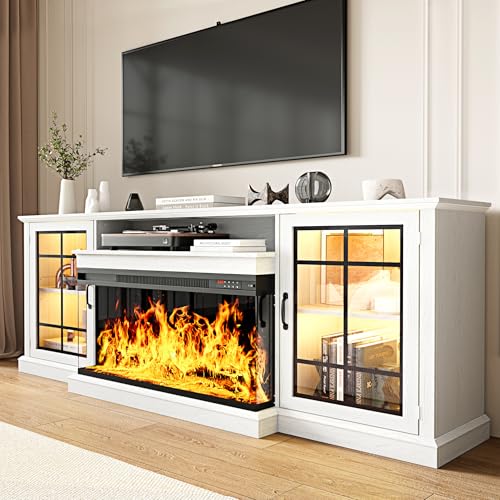 Image of MXV 80'' Fireplace TV Stand, Farmhouse Entertainment Center with 3 Sided Glass TV Stand, Modern Media Console Table with Storage Drawers & Cabinets with LED Flame and Lights for Living Room, White