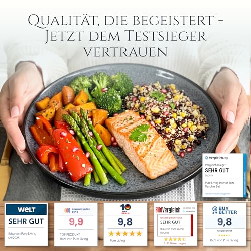 Steingut Geschirrset 6 Personen Ibiza 24 tlg. TESTSIEGER, Traumhaftes Mediterranes Steingut Geschirr Set, Schüssel- und Teller Set, Tafelservice 6 Personen, Geschirrsets Pure Living in Grau