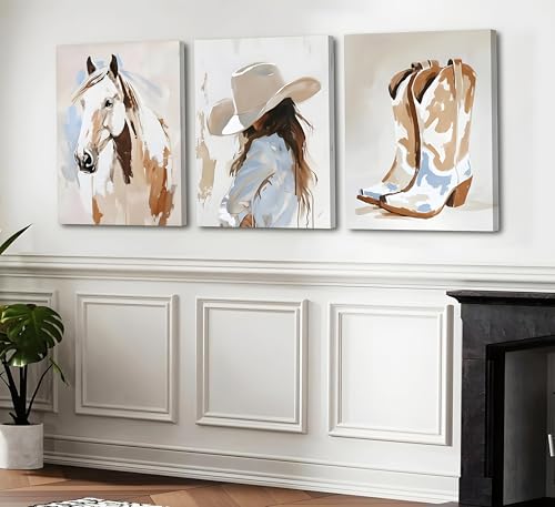 Image of 3pcs Framed Western Cowgirl Wall Art 16x24 inches Can Be Hung Directly
