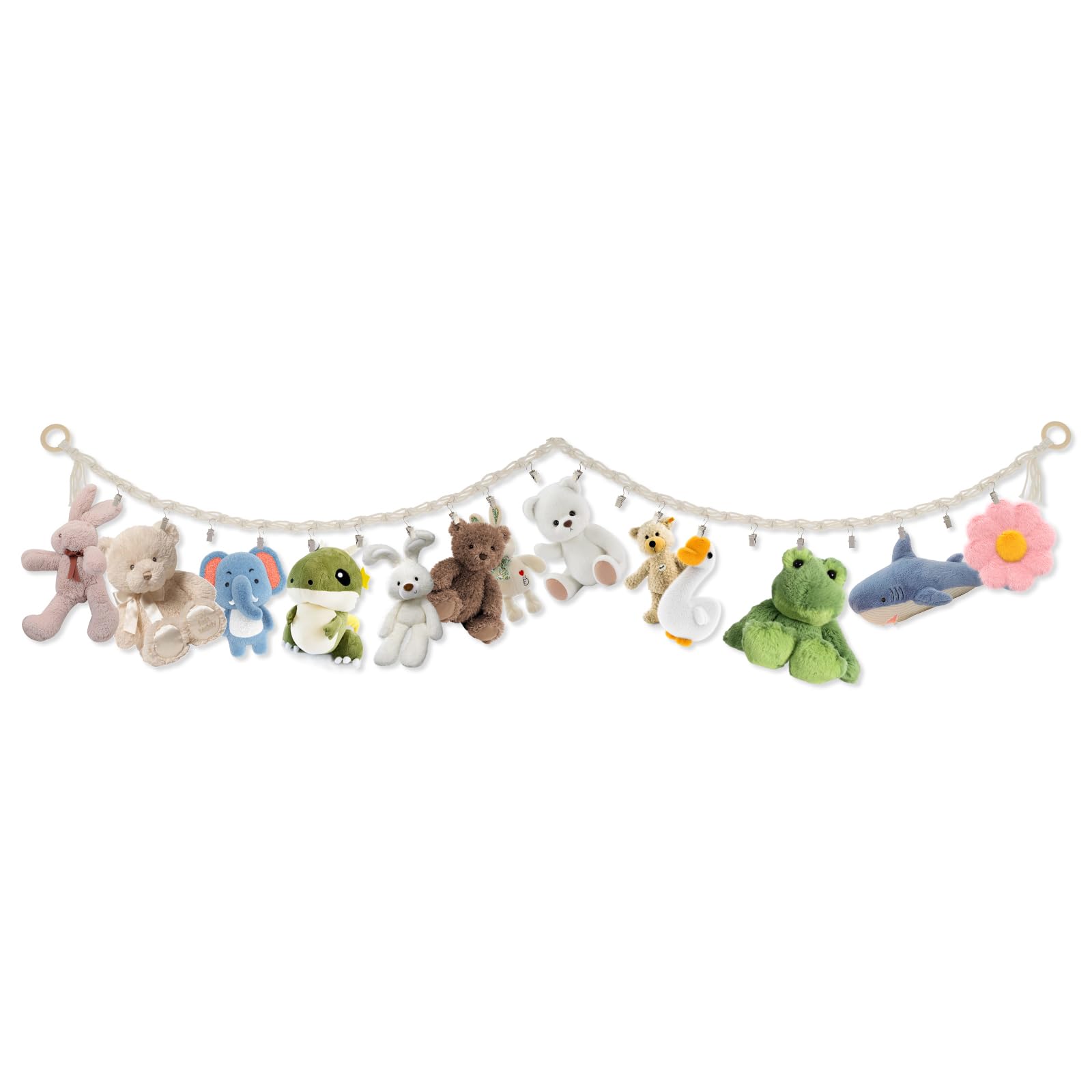 LuLobtg Toy Chain with 20 Clips 89" Stuffed Animal Chain Holder Macrame Hanging Plush Toy Organizer Toy Hammock for Bedroom Hats Toys Dolls Wall Display(1pack)