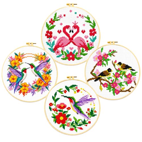Image of Zhenqing Cross Stitch Kit for Beginners 4 Pack Bird Floral Embroidery Kit 11CT Stamped Aida Cloth DIY Pre Printed Cross Stitch Kits with Hoop Needle Thread Home Wall Decor Craft Gift Set
