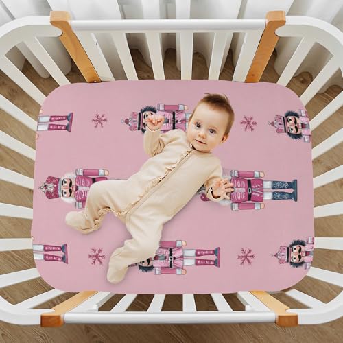Image of Christmas Nutcrackers Pinks Crib Sheets Soft Breathable Fitted Baby Crib Sheets Mattress Cover for Girls Boys, 52 inch x 28 inch x 9 inch