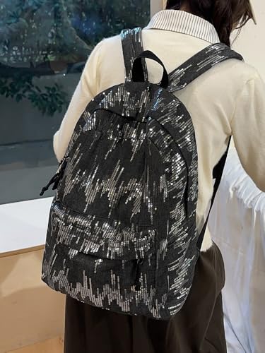 Y2k Backpack Women Sequin Denim Backpack Silver Bling Glitter Book Bags Mochilas Casual Daypack (Black)3