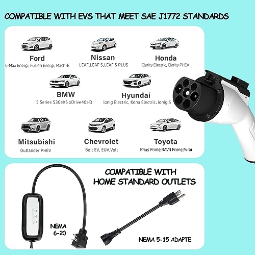 EV Charger, 16Amp 110V/240V Portable Level 1 Level 2 Electric Vehicle Charging Station with NEMA 6-20 Plug & NEMA 5-15 Adapter for J1772 Electric Cars