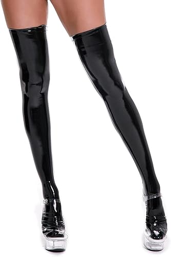 IDOPIP Guantes largos metálicos brillantes para mujer y PVC de aspecto húmedo hasta el muslo medias altas para club nocturno, baile, disfraz de