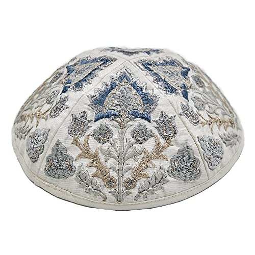 EMANUEL Yair Premium Kippah for Men and Women Embroidered Silk Yarmulke | Oriental Embroidery Design (Silver YME-18S)