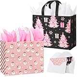 STYPOP 2 Pack 13' Large Pink Christmas Gift Bags with Tissue Paper & Greeting Cards, Reusable Non-Woven Christmas Bags with Handles, Perfect for Gift Wrap/Party Favor Supplies, 13' × 10.2' × 6'