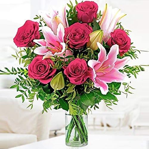 FLORANET Beautiful bouquet Of 4 Pink Lilies & 8 Red Roses in an elegant glass vase For Anniversary Gift, Birthday Gift, Wedding Gift, Congratulations Gift, Mother's Day Gift (Same Day Delivery)-image-46