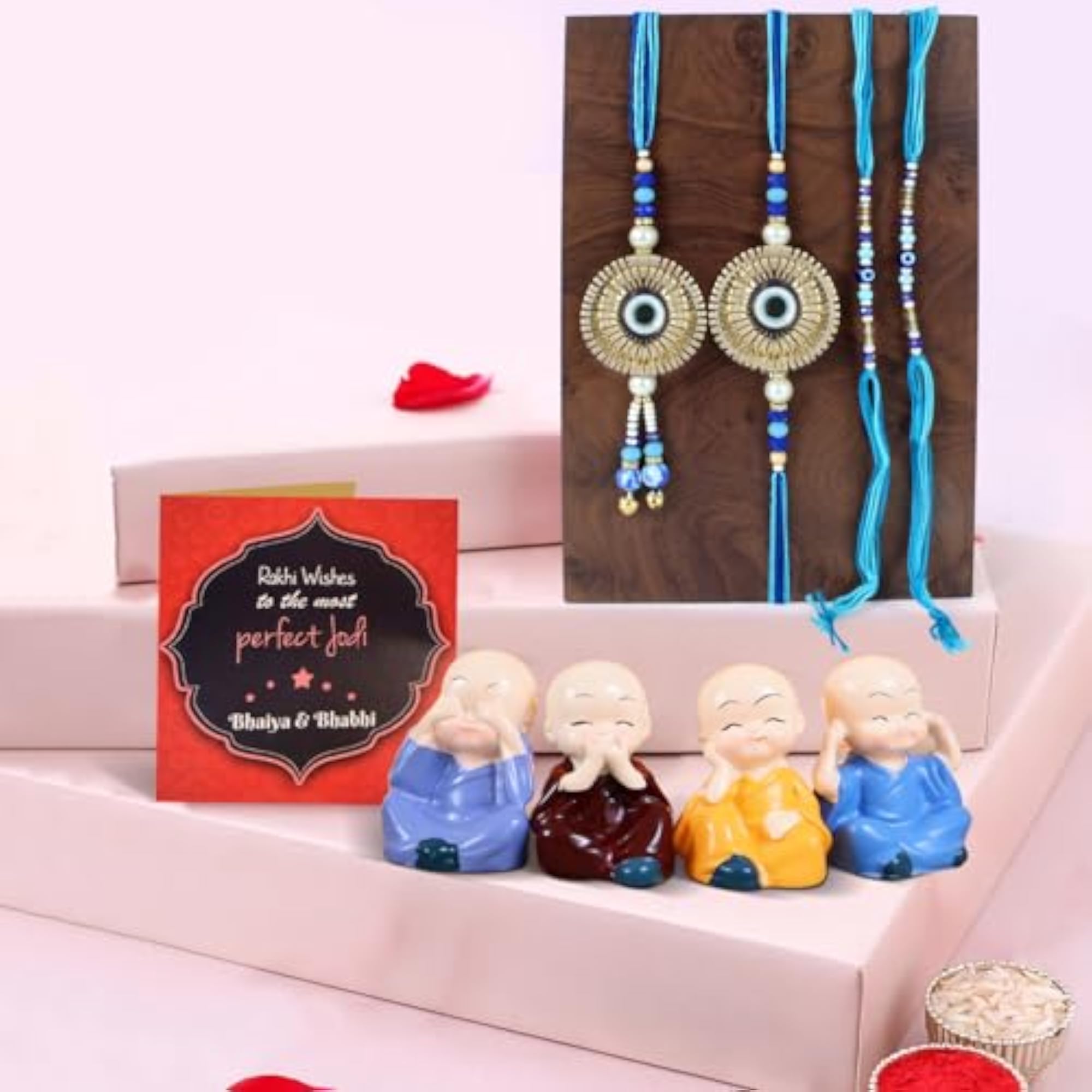 4pc Premium Rakhi Gift Set for Brother & Bhabhi with Mini Statue