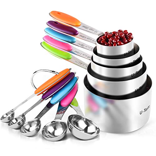 Messbecher: U-Taste 18/8 Edelstahl Messbecher und Messlöffel Set mit 10 Stück Griff mit Verbesserter Dicke Amerikanisch (Mehrfarbig)