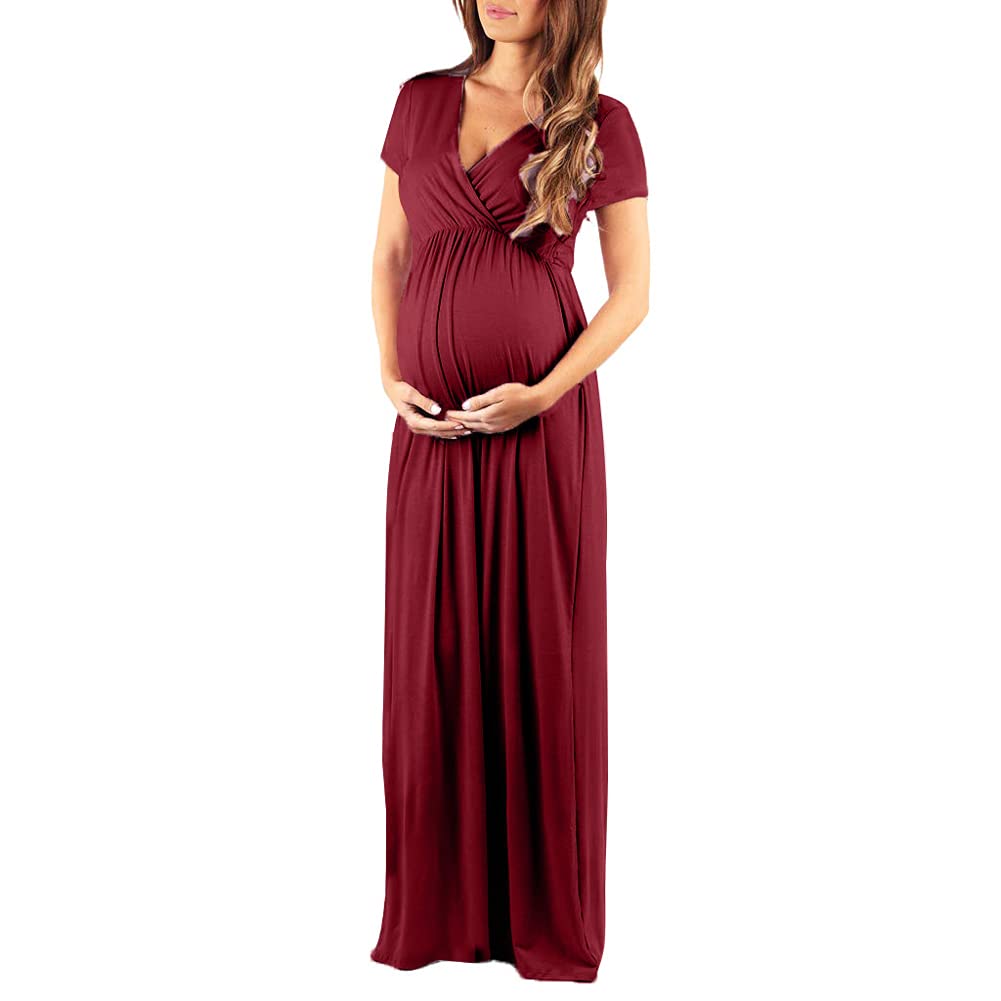 LANGWEI Vestido De Maternidad Maxi Algodón Verano Cuello En V Manga Corta Fiesta De Noche Informal Vestidos Largos,Rojo,M