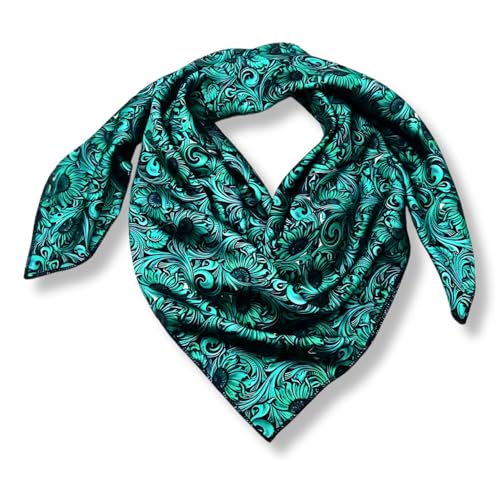 Wild Rag Silk Scarf 36'', Western Cowboy Bandana Square Silky Scarves,Floral Tooled Leather Wild Rags