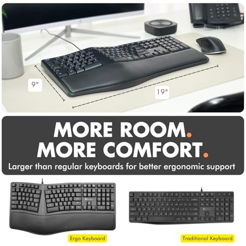 X9 Wired Ergonomic Keyboard with Cushioned Wrist Rest - Type Comfortably Longer - USB Wired Split Keyboard for Laptop, PC & Chrome Computer with 110 Ergo Keys & 5ft Cable
